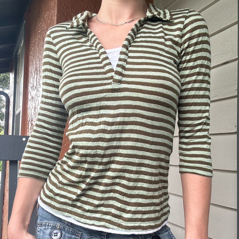 Y2K Skater 90’s 2000’s Model Off Duty Striped Top Collard Office Chic